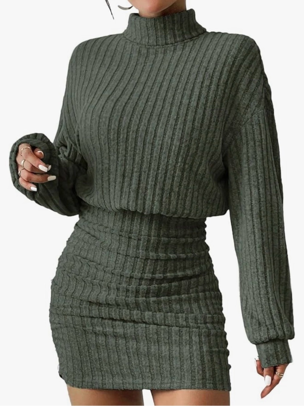 Ribbed Olive Green Knit Sweater Dress